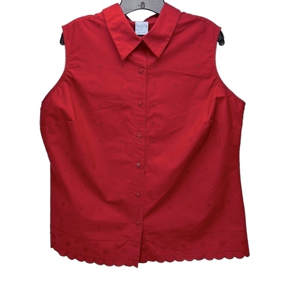 Cascade Blues Red Sleeveless Eyelet Button Shirt 1X Star Embroidery and Buttons - Picture 1 of 12
